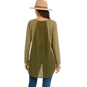 Olive Green Long Sleeve Tunic Top Sheer Chiffon Panel Lagenlook Oversized S Boho